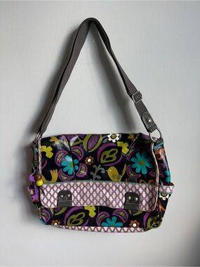 Vintage Fossil Floral “Key Per” Messenger Bag in Black, Teal, Purple & Lime